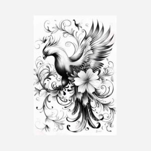 phoenix-with-flowing-lines – tattoo design ideas free ai generated – surrealism-distorted-perspective – for-temple – Gallery: phoenix-inkby-ai