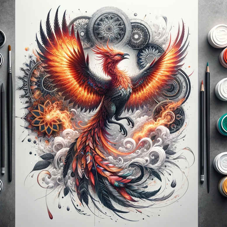phoenix-with-life-symbol – tattoo design ideas free ai generated – neotraditional-artful-color – for-fingers – Gallery: phoenix-inkby-ai