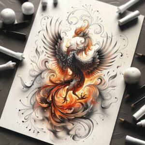 phoenix-with-mystical-symbol – tattoo design ideas free ai generated – neotraditional-dynamic-composition – for-upper-back – Gallery: phoenix-inkby-ai