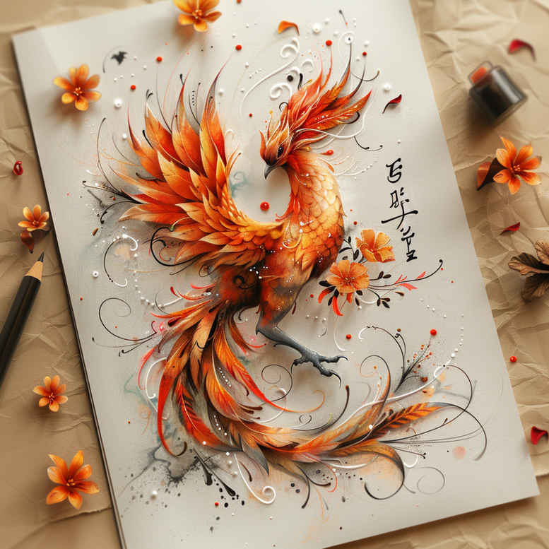 phoenix-with-ornament – tattoo design ideas free ai generated – neotraditional-balanced-tones – for-scapula – Gallery: phoenix-inkby-ai