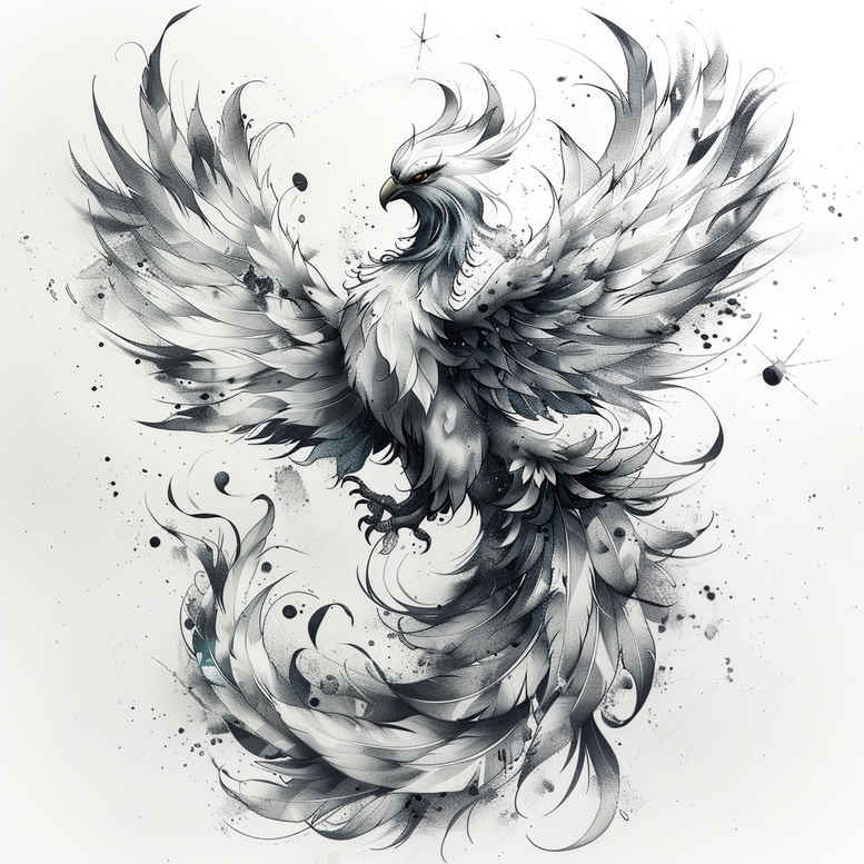 phoenix-with-ornament – tattoo design ideas free ai generated – neotraditional-layered-fill – for-behind-ear – Gallery: phoenix-inkby-ai