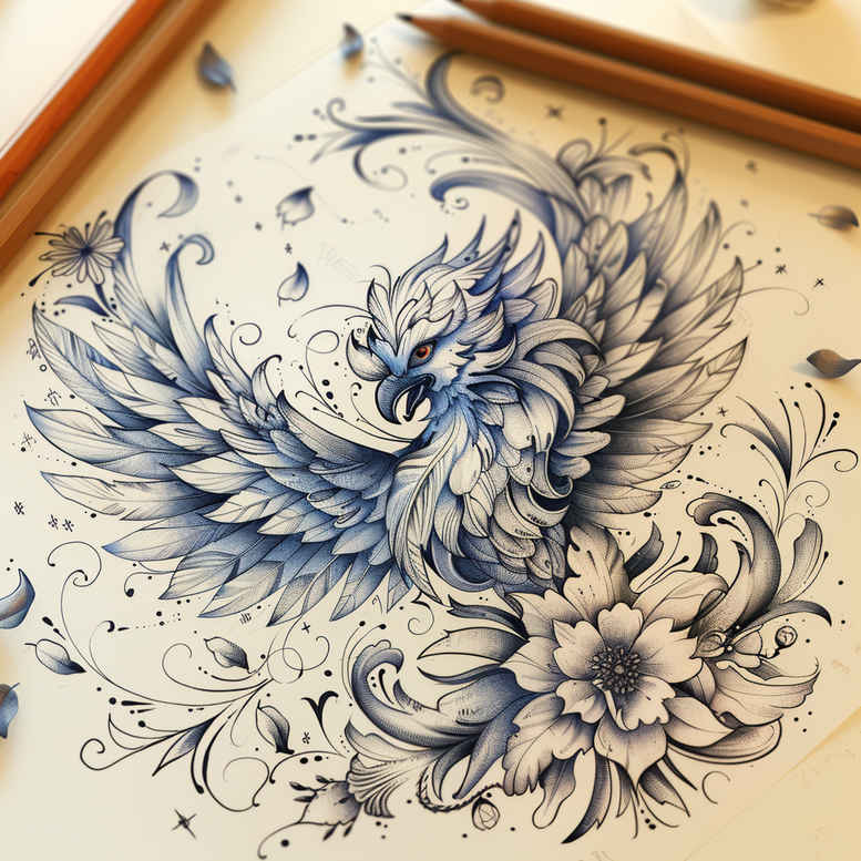 phoenix-with-ornament – tattoo design ideas free ai generated – realism-glowing-edges – for-upper-thigh – Gallery: phoenix-inkby-ai
