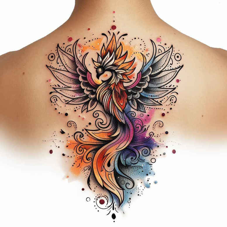 phoenix-with-ornamental-details – tattoo design ideas free ai generated – realism-soft-transitions – for-side – Gallery: phoenix-inkby-ai