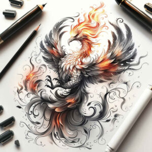 phoenix-with-ornamentation – tattoo design ideas free ai generated – realism-mirrored-effect – for-upper-shoulder – Gallery: phoenix-inkby-ai