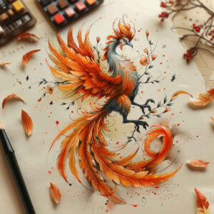 phoenix-with-shadow-and-light – tattoo design ideas free ai generated – surrealism-morphic-transformation – for-full-back – Gallery: phoenix-inkby-ai
