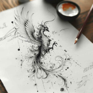 phoenix-with-waves – tattoo design ideas free ai generated – neotraditional-precise-lines – for-arm – Gallery: phoenix-inkby-ai