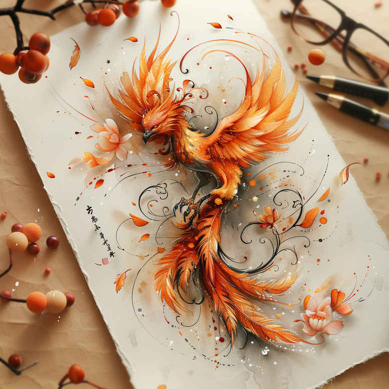 phoenix-with-wavy-lines-for-men – tattoo design ideas free ai generated – realism-real-life-shading – for-outer-arm – Gallery: phoenix-inkby-ai