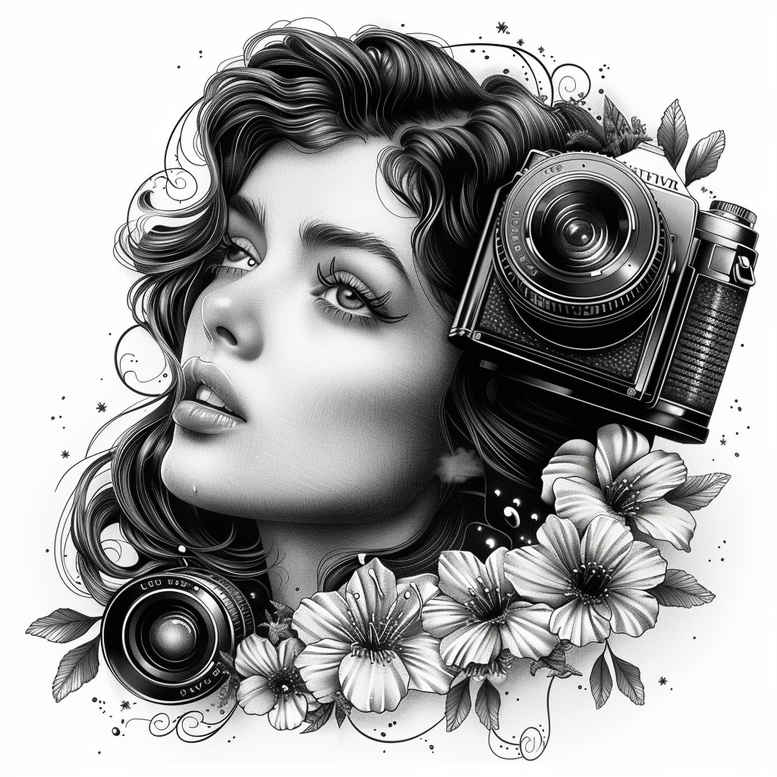 black-and-white-photography-tattoo – tattoo design ideas free ai generated – slender – for-neck – Gallery: photography-inkby-ai