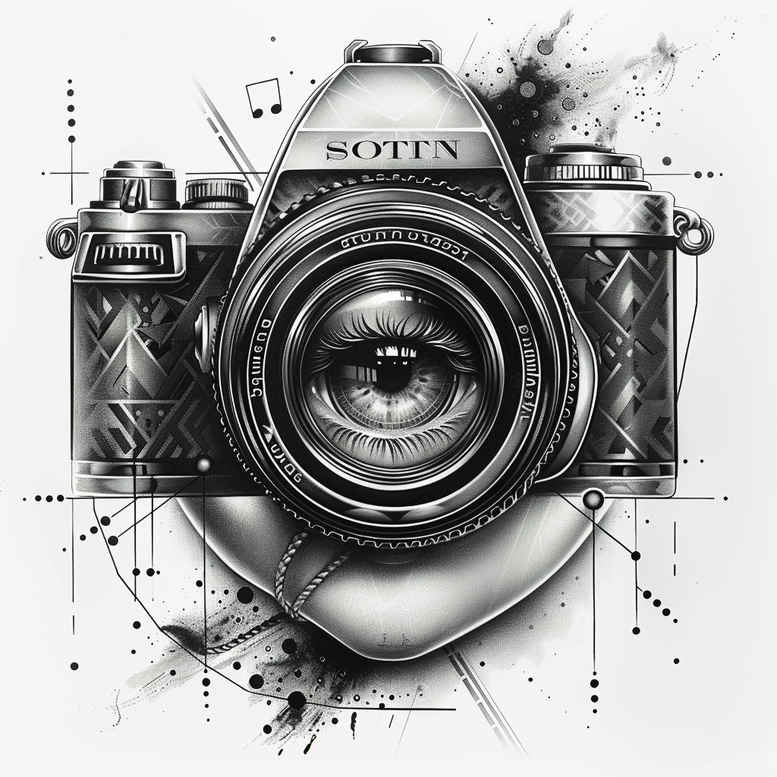 camera-tattoo – tattoo design ideas free ai generated – crisp-outline – for-thigh – Gallery: photography-inkby-ai