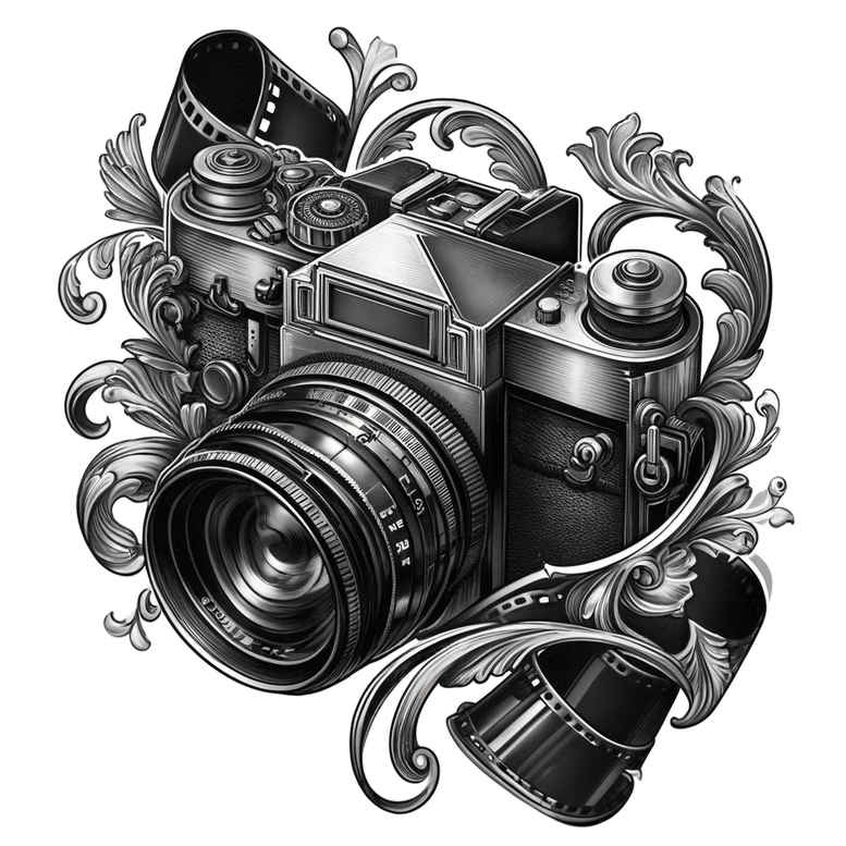 ornamental-photography-tattoo – tattoo design ideas free ai generated – clear-edge – for-knee – Gallery: photography-inkby-ai
