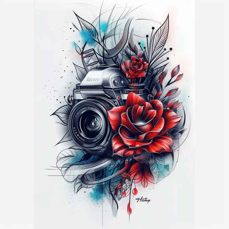 pastel-color-photography-tattoo – tattoo design ideas free ai generated – few-strokes – for-knee – Gallery: photography-inkby-ai