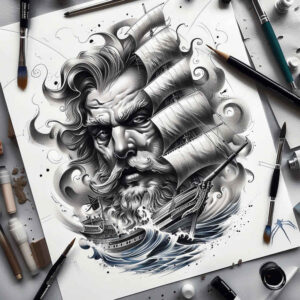poseidon-trident-tattoo – tattoo design ideas free ai generated – shadow – for-lower-chest – Gallery: poseidon-inkby-ai