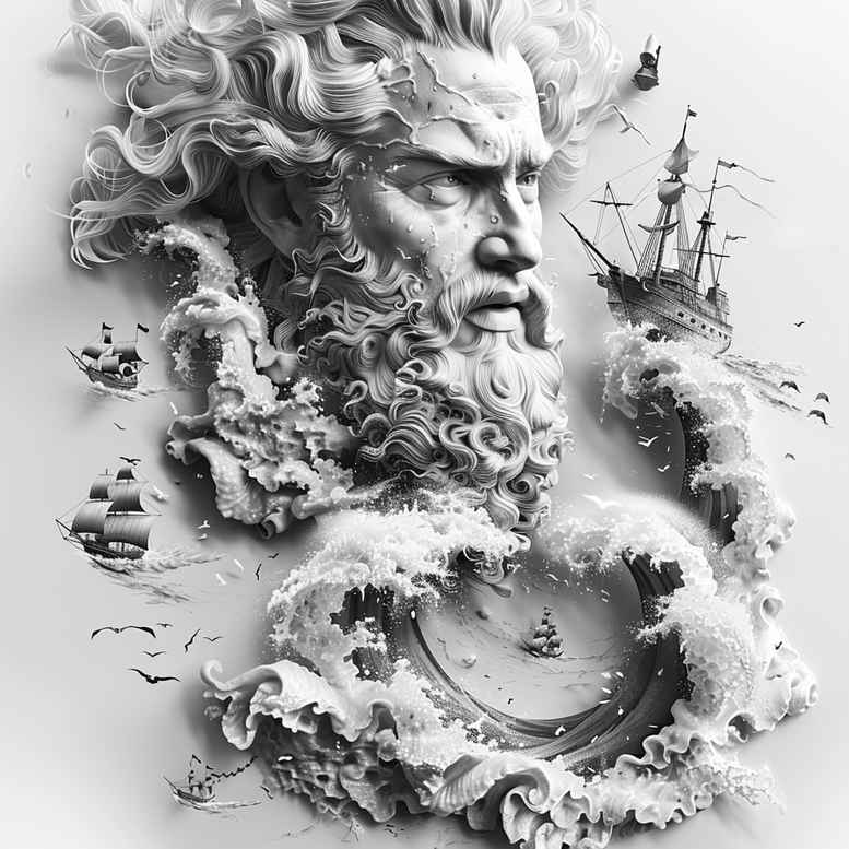 poseidon tattoo design ideas Realism natural look aquatic command symbolising courage