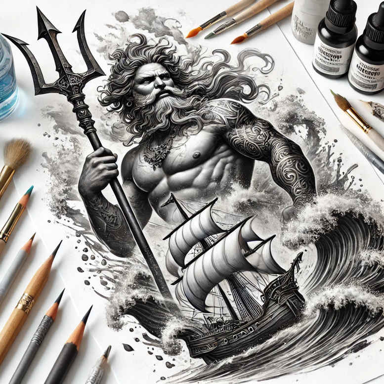 poseidon tattoo design ideas Surrealism blurred edges deep abyss for upper shoulder