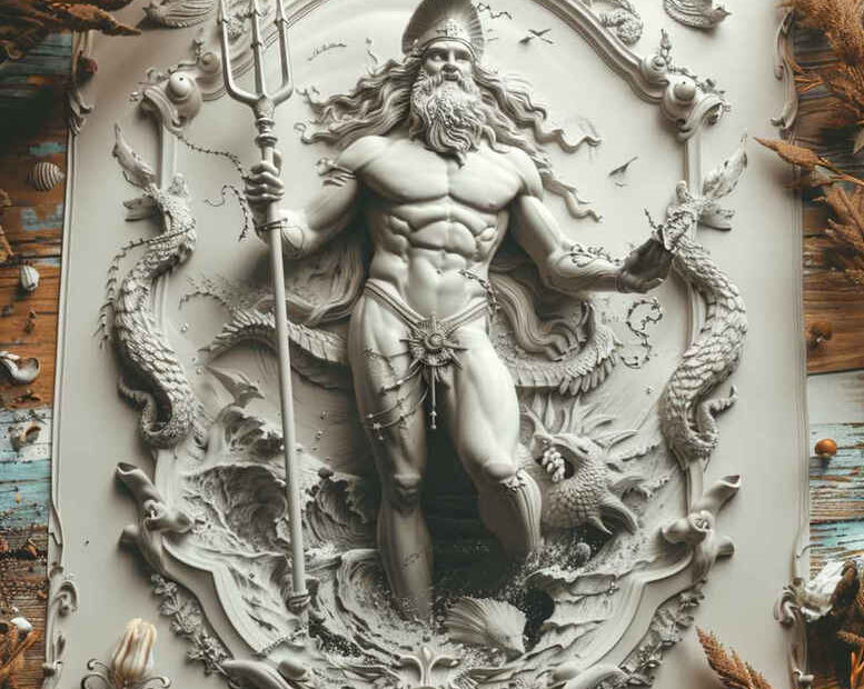 Black and grey tattoo idea of Poseidon with a trident amid ornate waves in a circular frame; grayscale shading highlights muscular figure; concept artwork.