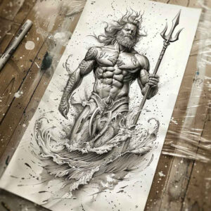 poseidon tattoo design ideas Realism natural contours mythic sea for neck