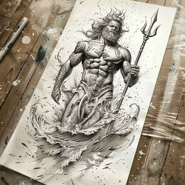 poseidon tattoo design ideas Realism natural contours mythic sea for neck