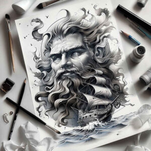 poseidon tattoo design ideas refined lines oceanic strength for lower leg