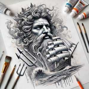 poseidon tattoo design ideas Surrealism phantom sacred current for upper thigh