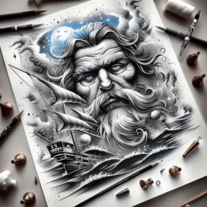 poseidon tattoo design ideas Realism sharp focus sea protector for thigh