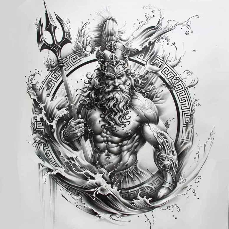 poseidon tattoo design ideas Realism dynamic shadows sea vengeance embodying resilience