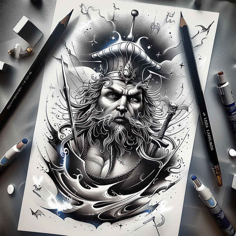 poseidon tattoo design ideas Surrealism enigmatic light trident aura meaning courage