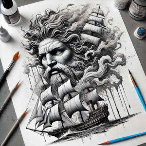 water-protector-tattoo – tattoo design ideas free ai generated – black-fog – for-sternum – Gallery: poseidon-inkby-ai
