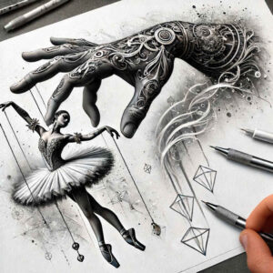puppets-with-bold-shape-neotraditional-layered-fill-for-lower-leg – tattoo design ideas free ai generated – Gallery: puppets-inkby-ai