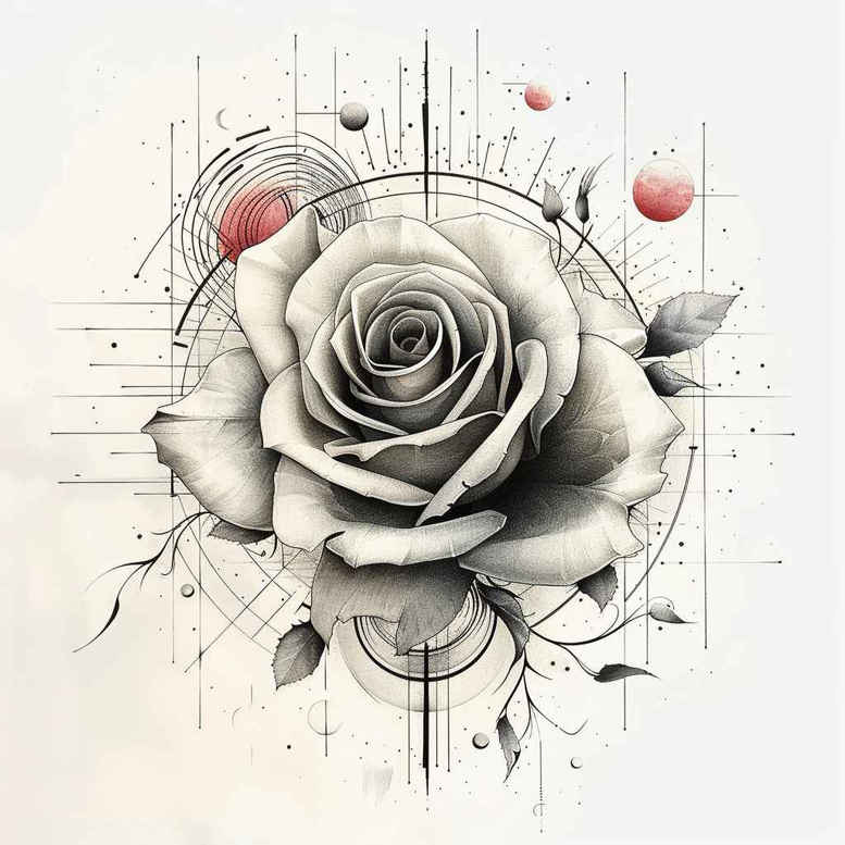 geometric-rose-tattoo – tattoo design ideas free ai generated – single-dot – for-thigh – Gallery: roses-inkby-ai