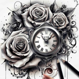 harmony-symbol-rose-tattoo – tattoo design ideas free ai generated – clean-lines – for-sternum – Gallery: roses-inkby-ai