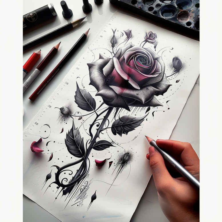 ornamental-detail-rose-tattoo – tattoo design ideas free ai generated – simple-dot – for-temple – Gallery: roses-inkby-ai
