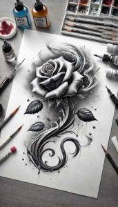 ornamental-rose-tattoo – tattoo design ideas free ai generated – single-dot – for-calf – Gallery: roses-inkby-ai