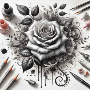 rose-wavy-line-tattoo – tattoo design ideas free ai generated – pinprick – for-upper-thigh – Gallery: roses-inkby-ai