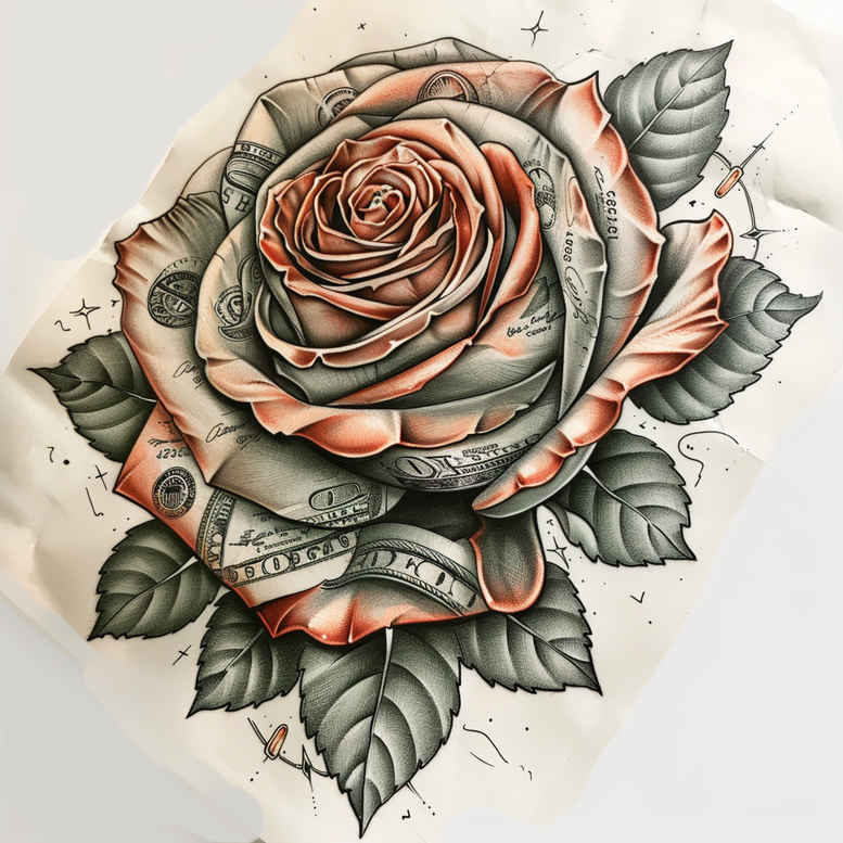 Realistic black and grey rose tattoo with orange highlights and leaves; tattoo project; ideal cover-up.