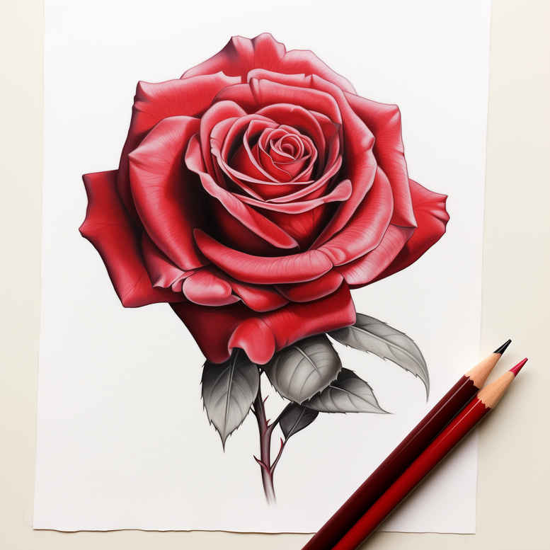 Red rose with grey leaves on white paper, pencil beside; tattoo project idea.