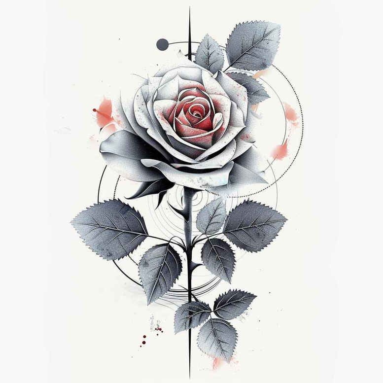 Rose, leaf, circle, and stem in black and grey with red accent; tattoo design project, cover-up suitable.