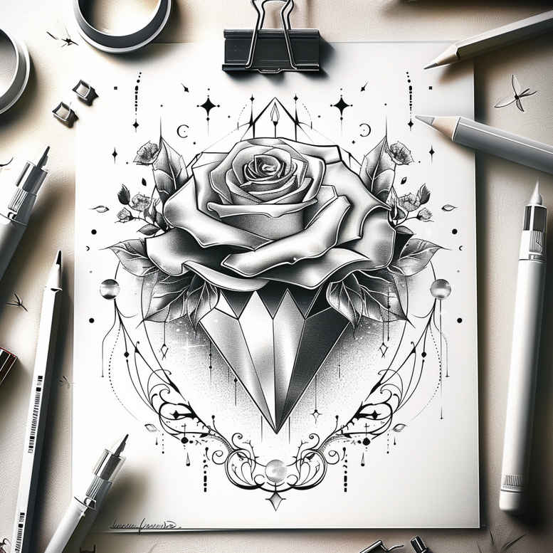 Rose, diamond facets, and ornamental circle in black and grey; a tattoo design idea, cover-up suitable.
