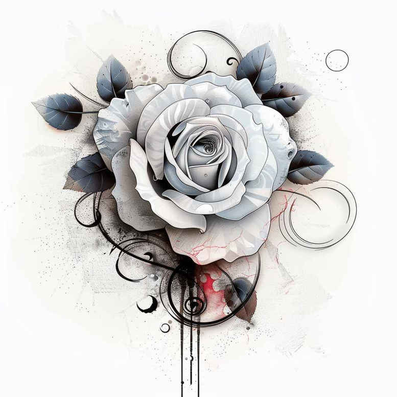 White-gray rose with blue-gray shading and decorative swirls; black and grey palette, tattoo design concept, project, cover-up ready.