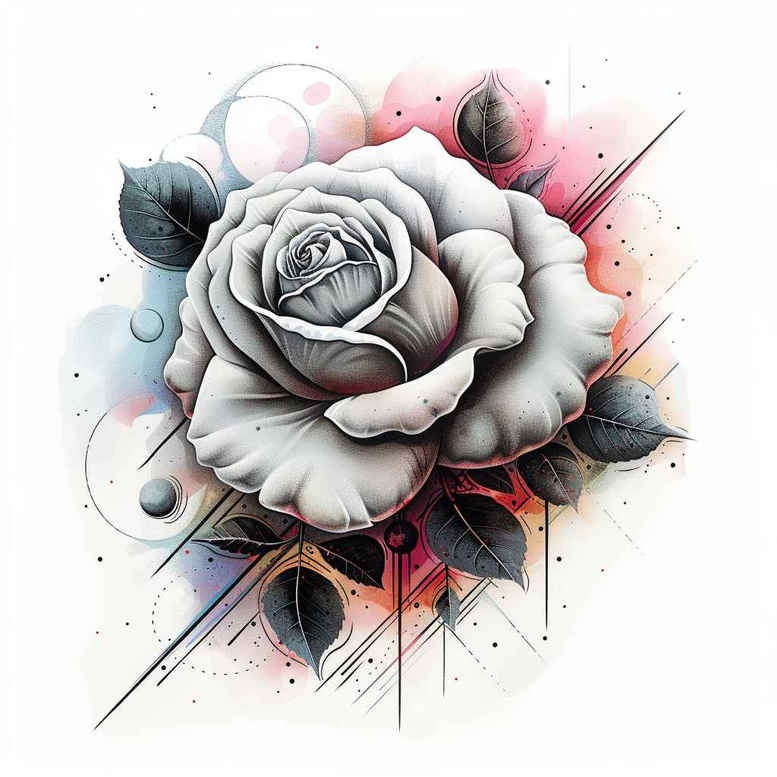 White and gray rose with blue and pink watercolor splashes; tattoo design idea, not suitable for cover-up.