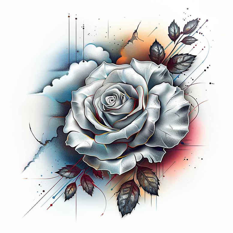 Rose in blue-gray watercolor with leaves; project idea; not ideal for cover-up.