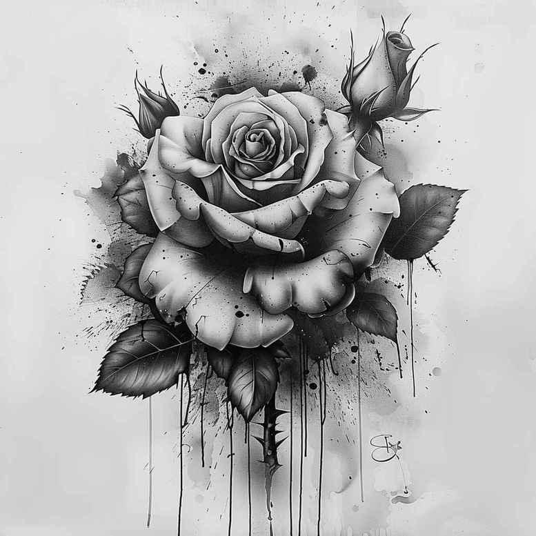 Black and grey tattoo design of a detailed rose with dripping ink, leaves and stems; cover-up-ready project idea.