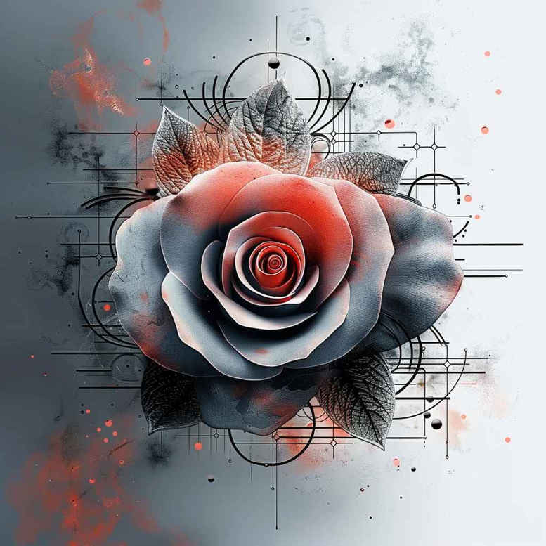 Rose, circle, lines, orange splash in black and grey; project idea for cover-up tattoo design.