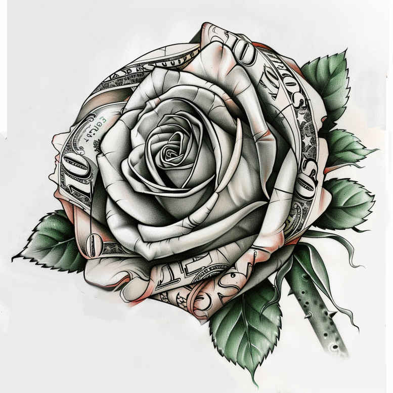 Grey scale rose with dark shading and green leaves; tattoo design idea in black and grey, perfect for a cover-up project.