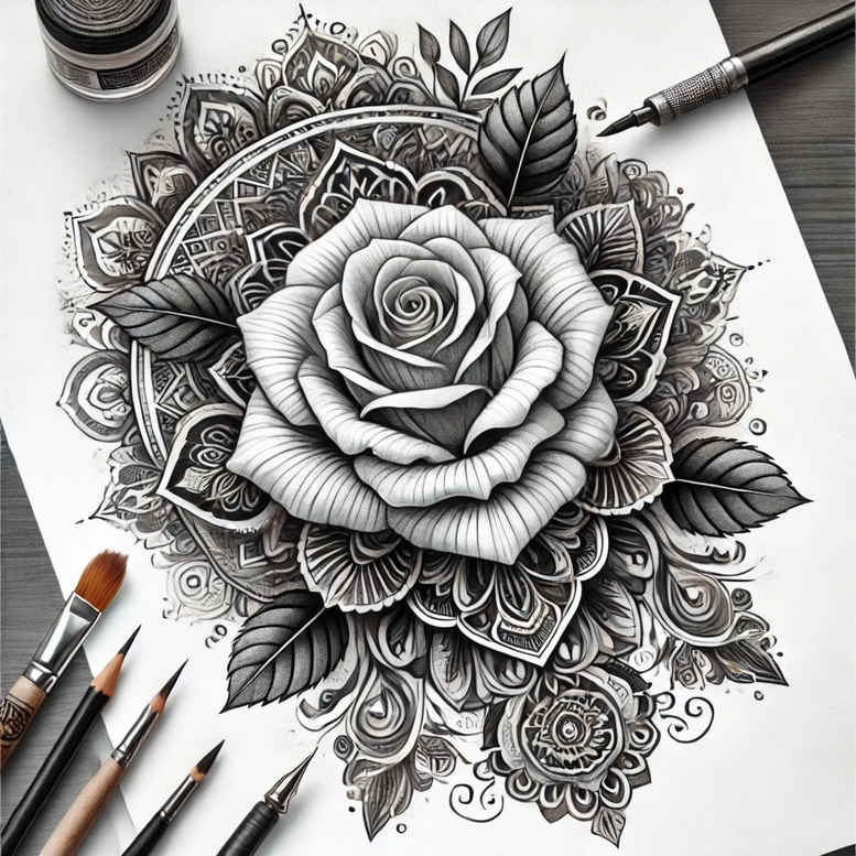Black and grey rose with mandala patterns, leaves, and pencils around; tattoo design concept, cover-up suitable.