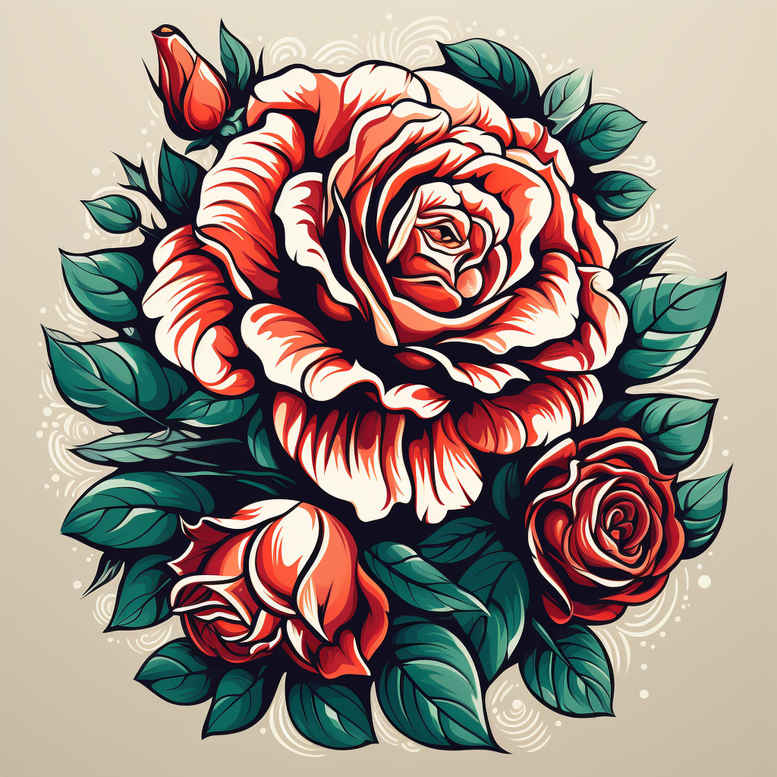 Red roses with green leaves in color; tattoo design project concept; not intended for cover-up.