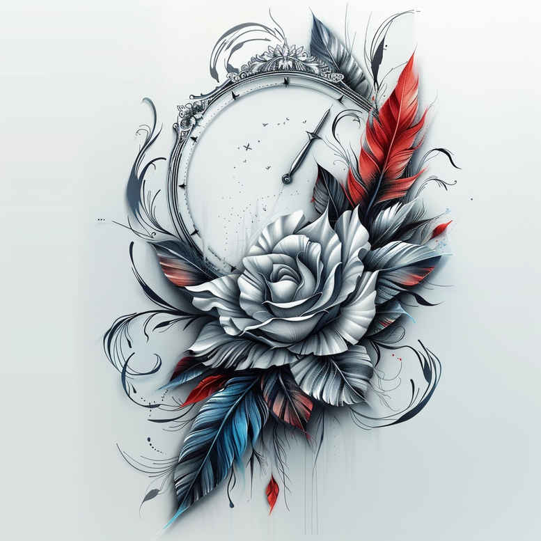 Rose, clock, and blue and red feather accents rendered in black and grey; tattoo design project idea; suitable for a cover-up.