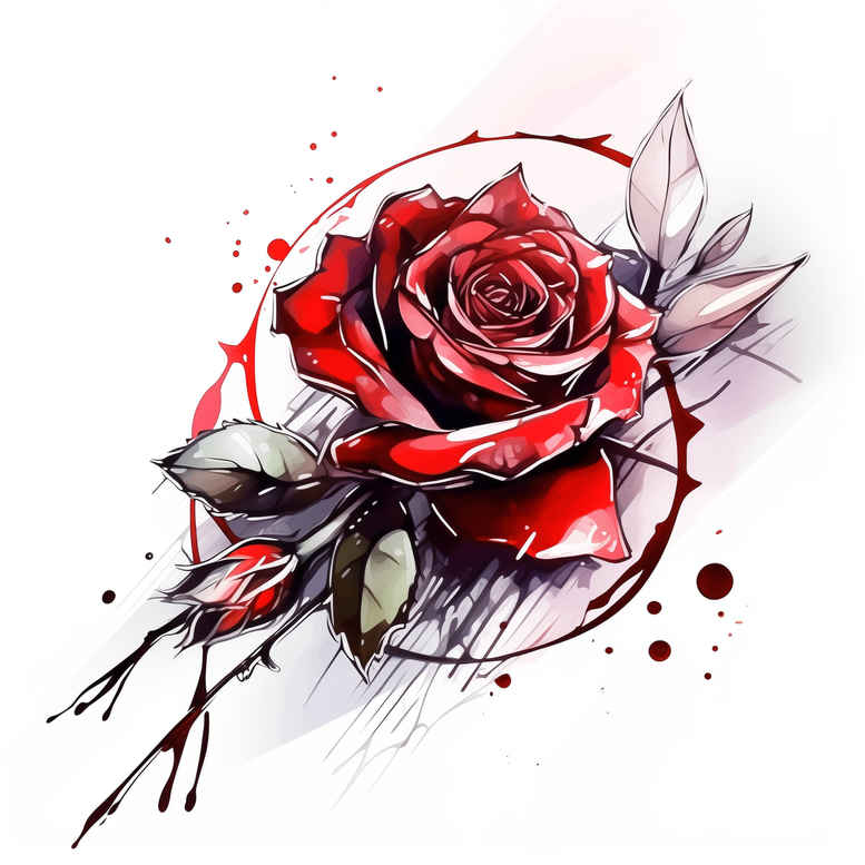 Rose with red petals and green leaves, black ink splatter in watercolor style; a tattoo design idea, pattern-friendly and suitable for a cover-up.
