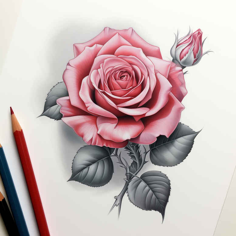 Pink rose with grey leaves on white paper; pencil sketch; tattoo design idea; not for cover-up.