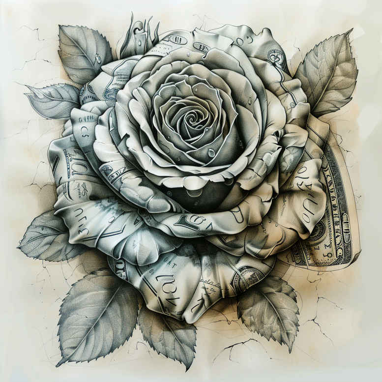 Rose and leaves in black and grey realism; AI-generated tattoo project concept.