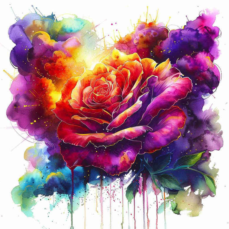 Rose and watercolor splash in color; project idea, not suitable for cover-up.
